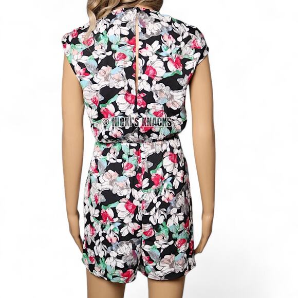 BCBGMaxazria Floral Faux Wrap Romper Black White Pink Green Cap Sleeve Size S - Picture 6 of 11